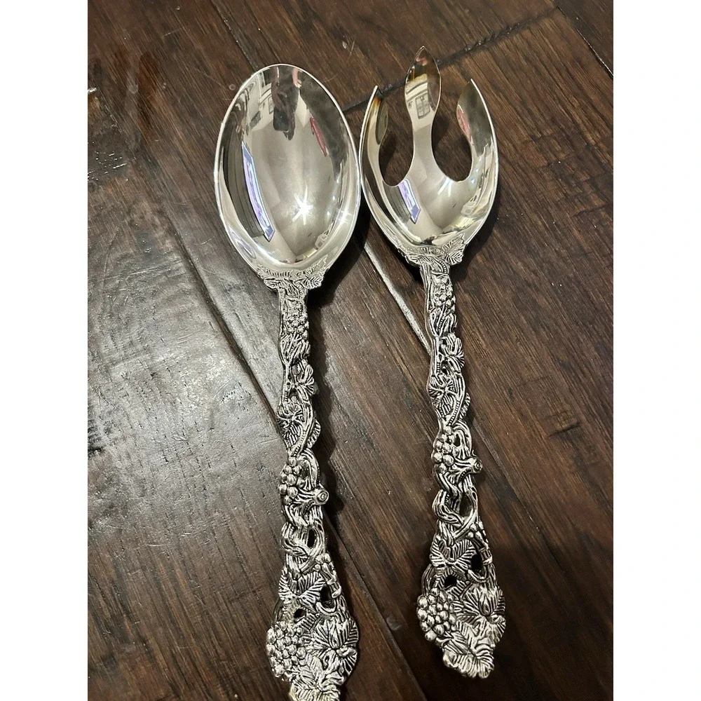 Godinger Vintage Silver Plated Floral Serving Spoon Fork Utensils 2 Piece